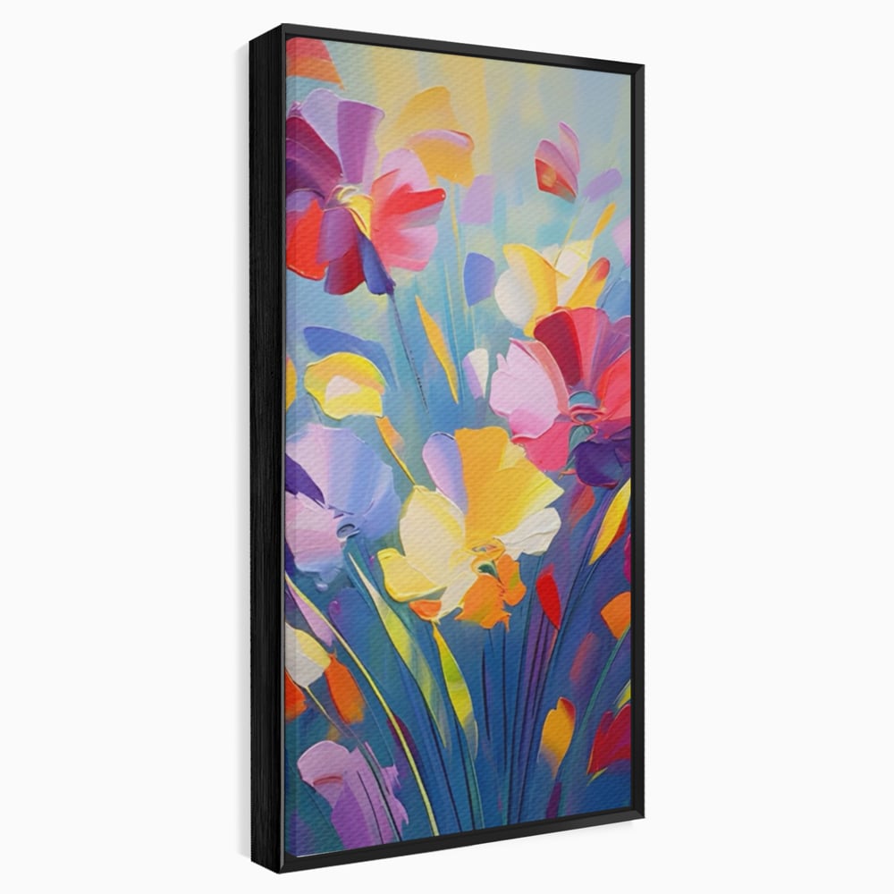 Tablou canvas cu pictura verticala cu flori colorate, in rama de aluminiu negru